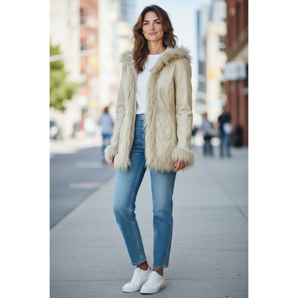 Y2K Jennyfer S Penny Lane Faux Leather Fur Trim‎ Hooded Jacket Beige Size M